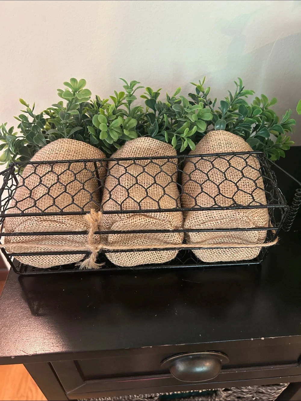 Burlap-Wrapped Faux Succulent Trio in Black Wire Basket